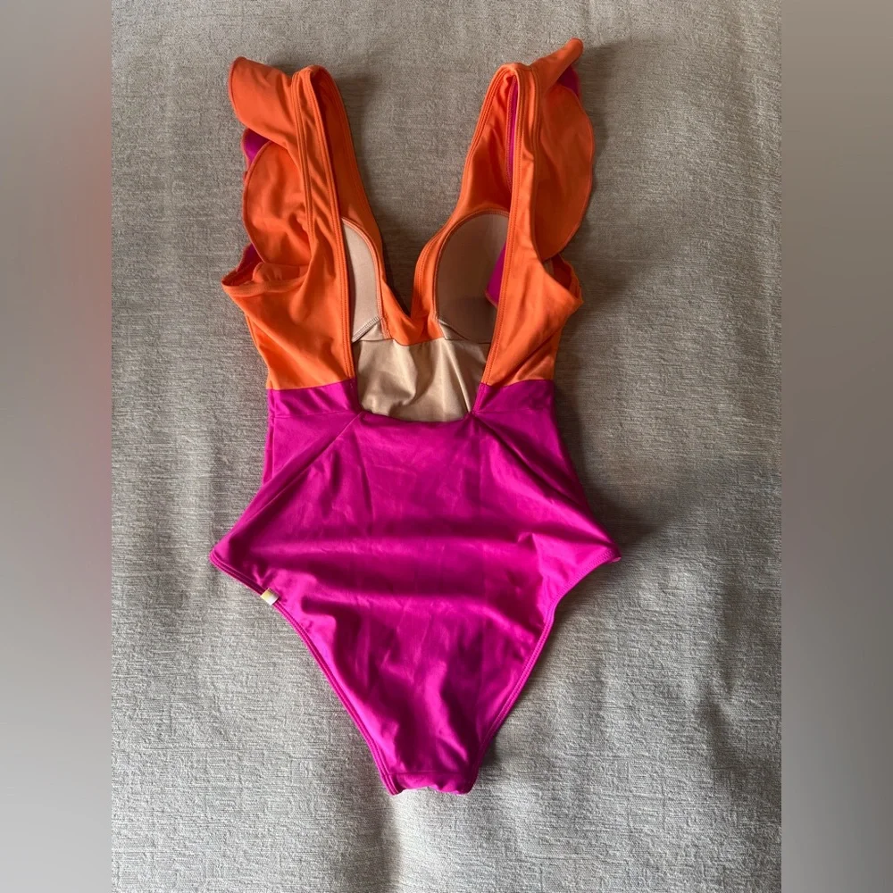 Summersalt Colorblock One-Piece Swimsuit – Orange & Pink Ruffle Sleeve | Size 4